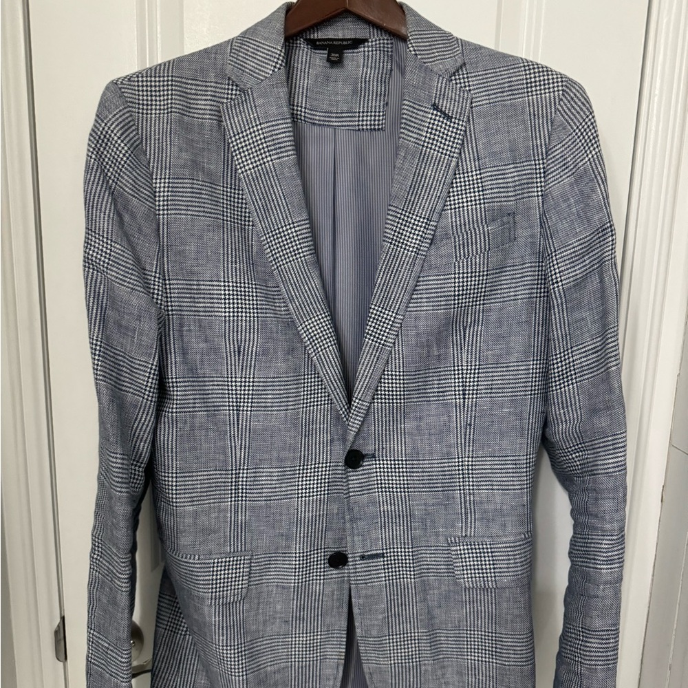 Banana Republic Linen Glen Plaid Blue Blazer 36R